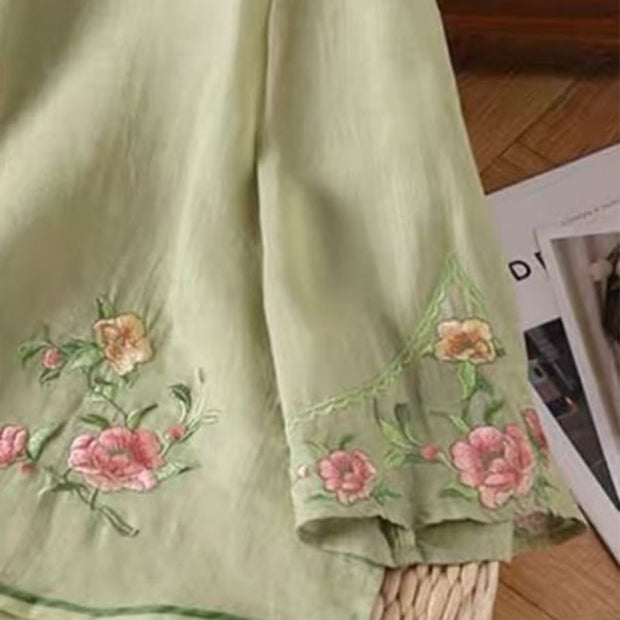 Buddha Stones Casual Vintage Embroidery Flower Pattern Chinese Frog-Button Crew Neck Design Women's Cotton Linen Shirt