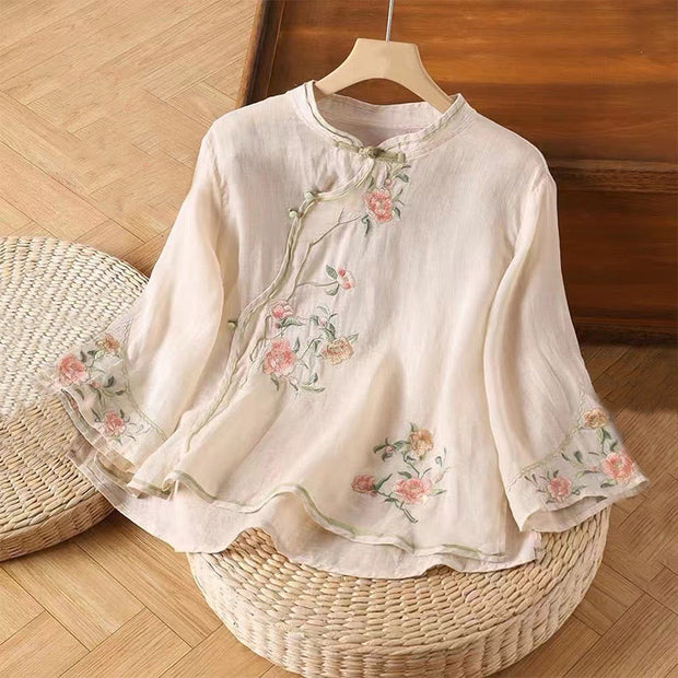 Buddha Stones Casual Vintage Embroidery Flower Pattern Chinese Frog-Button Crew Neck Design Women's Cotton Linen Shirt