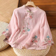 Buddha Stones Casual Vintage Embroidery Flower Pattern Chinese Frog-Button Crew Neck Design Women's Cotton Linen Shirt