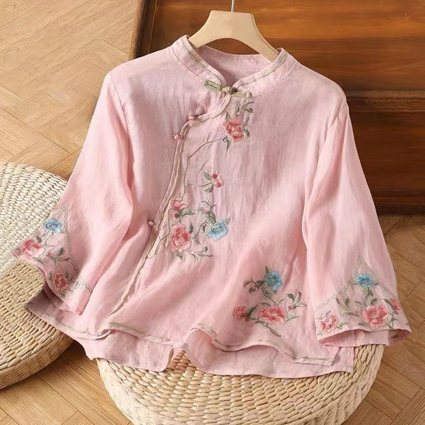 Buddha Stones Casual Vintage Embroidery Flower Pattern Chinese Frog-Button Crew Neck Design Women's Cotton Linen Shirt