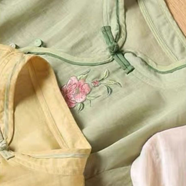 Buddha Stones Casual Vintage Embroidery Flower Pattern Chinese Frog-Button Crew Neck Design Women's Cotton Linen Shirt