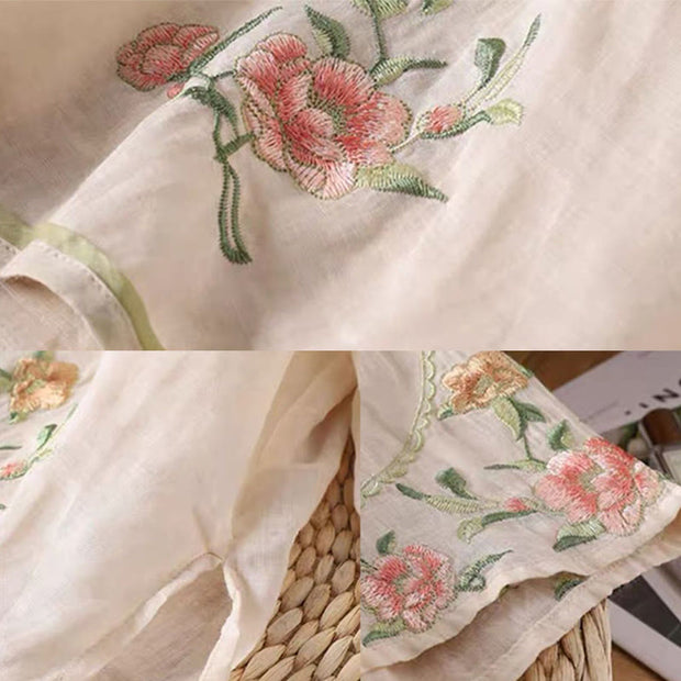 Buddha Stones Casual Vintage Embroidery Flower Pattern Chinese Frog-Button Crew Neck Design Women's Cotton Linen Shirt