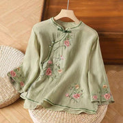 Buddha Stones Casual Vintage Embroidery Flower Pattern Chinese Frog-Button Crew Neck Design Women's Cotton Linen Shirt