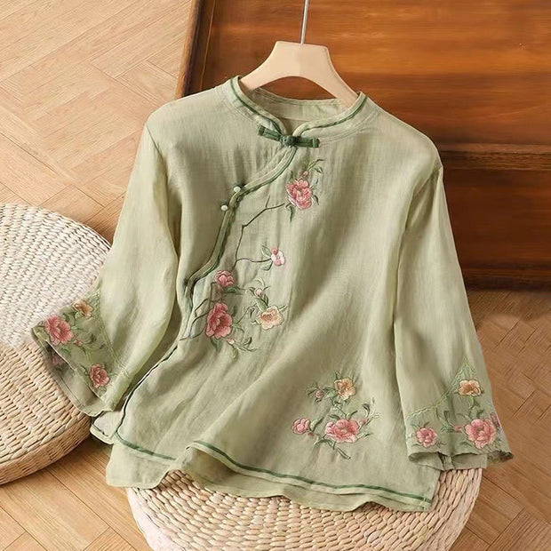 Buddha Stones Casual Vintage Embroidery Flower Pattern Chinese Frog-Button Crew Neck Design Women's Cotton Linen Shirt