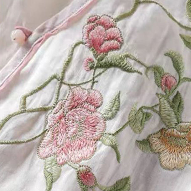 Buddha Stones Casual Vintage Embroidery Flower Pattern Chinese Frog-Button Crew Neck Design Women's Cotton Linen Shirt