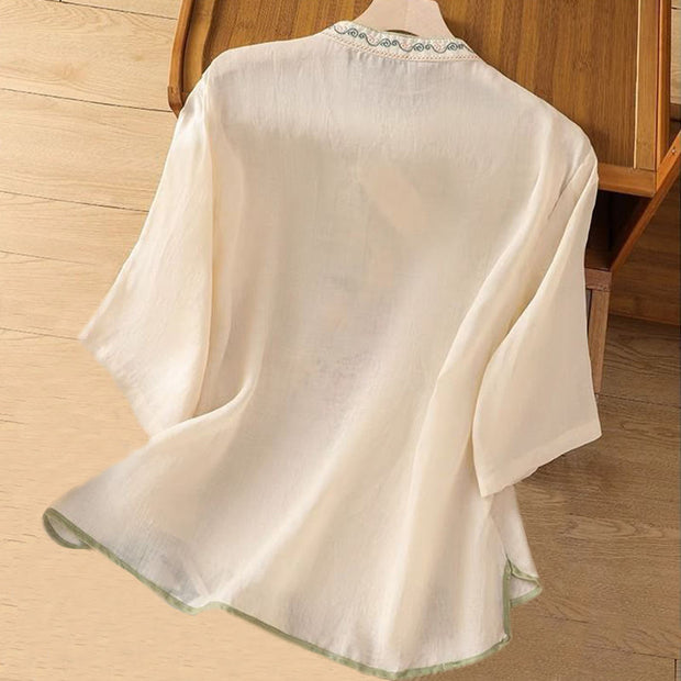 Buddha Stones Casual Ethnic Style Embroidery Flower Pattern Frog-Button Stand Collar Women's Cotton Linen Shirt