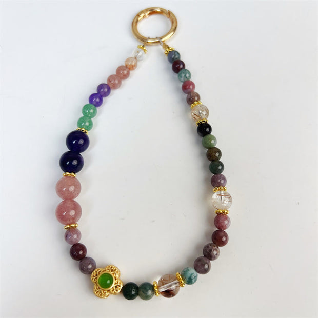 Buddha Stones Natural Tourmaline Strawberry Quartz Amethyst Positive Key Chain Phone Hanging Decoration