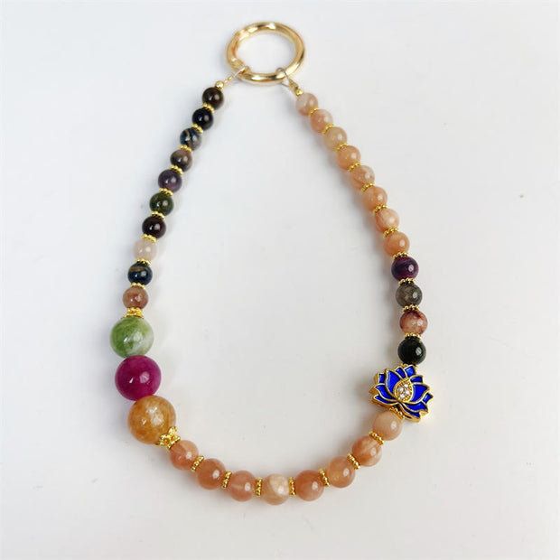 Buddha Stones Tourmaline Sun Stone Lotus Positive Key Chain Phone Hanging Decoration