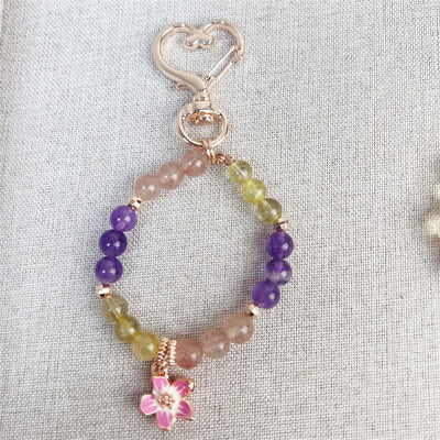 Buddha Stones Natural Strawberry Quartz Amethyst Citrine Love Flower Charm Key Chain Hanging Decoration