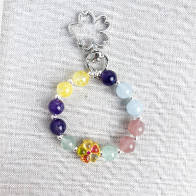Buddha Stones Natural Strawberry Quartz Amethyst Citrine Aquamarine Flower Key Chain Hanging Decoration