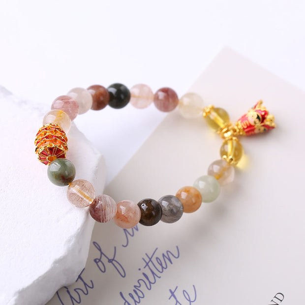 Buddha Stones Natural Colorful Rutilated Quartz Yin Yang Protection Bracelet