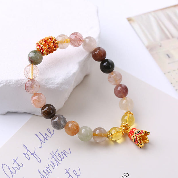 Buddha Stones Natural Colorful Rutilated Quartz Yin Yang Protection Bracelet