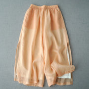 Buddha Stones Casual Plain Ramie Slit 7-8 Length Women's Wide Leg Pants With Pockets