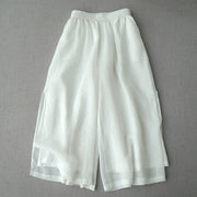 Buddha Stones Casual Plain Ramie Slit 7-8 Length Women's Wide Leg Pants With Pockets