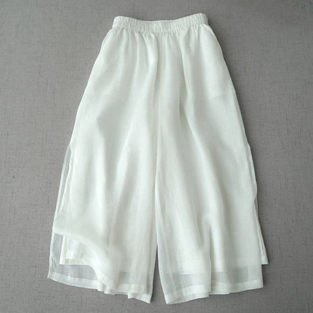 Buddha Stones Casual Plain Ramie Slit 7-8 Length Women's Wide Leg Pants With Pockets