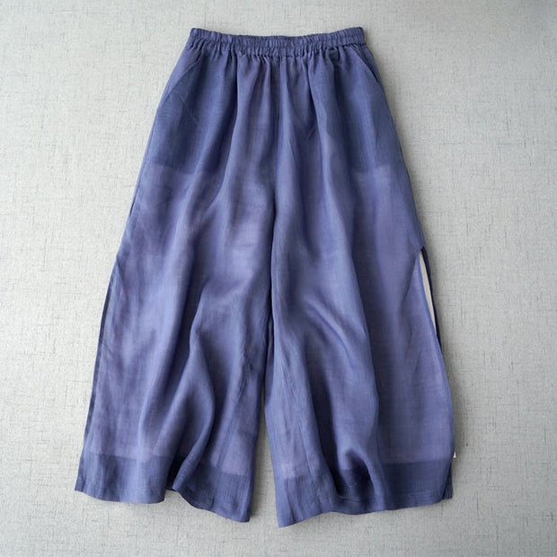 Buddha Stones Casual Plain Ramie Slit 7-8 Length Women's Wide Leg Pants With Pockets