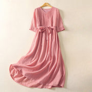 Buddha Stones Summer Short Sleeve Pleats Lace-up Cotton Linen Women's Midi Dress With Pockets
