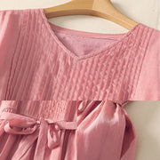Buddha Stones Summer Short Sleeve Pleats Lace-up Cotton Linen Women's Midi Dress With Pockets