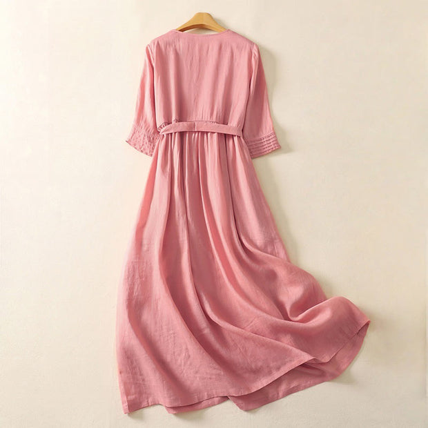 Buddha Stones Summer Short Sleeve Pleats Lace-up Cotton Linen Women's Midi Dress With Pockets