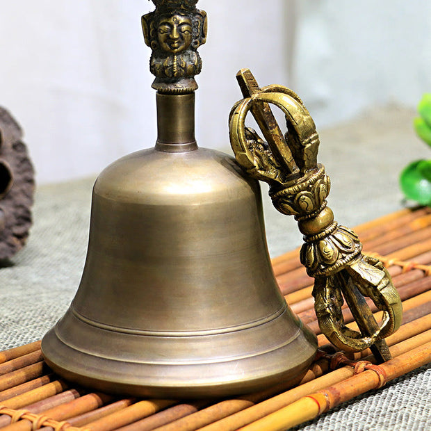 Buddha Stones 2Pcs Handmade Tibetan Meditation Bell and Vajra Dorje Copper Strength Decoration Set