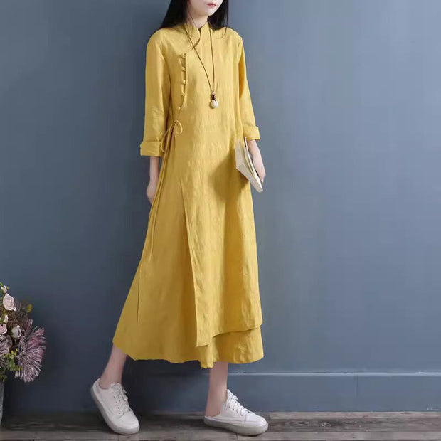 Buddha Stones Spring Casual Plain Frog-Button Design Side Lace-Up Cotton Linen Maxi Dress