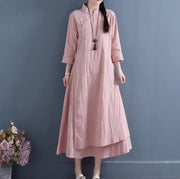 Buddha Stones Spring Casual Plain Frog-Button Design Side Lace-Up Cotton Linen Maxi Dress