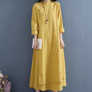 Buddha Stones Spring Casual Plain Frog-Button Design Side Lace-Up Cotton Linen Maxi Dress