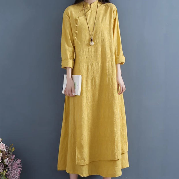 Buddha Stones Spring Casual Plain Frog-Button Design Side Lace-Up Cotton Linen Maxi Dress