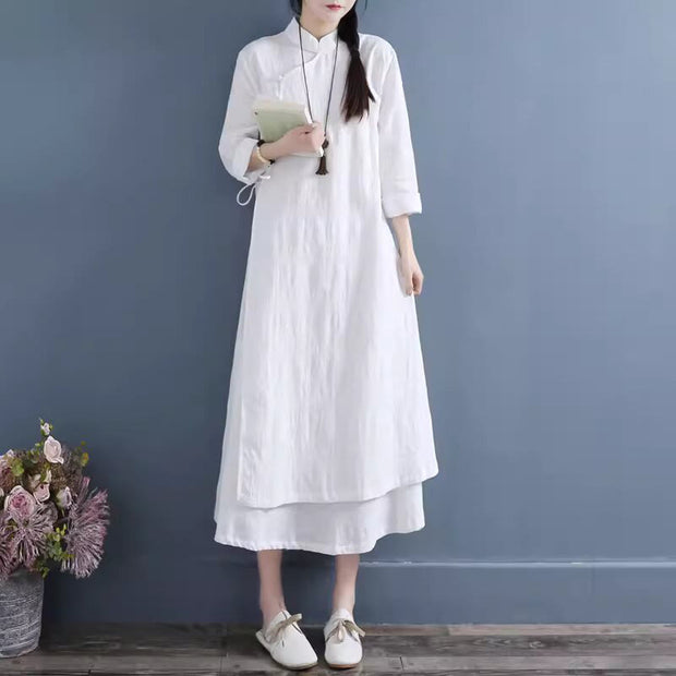 Buddha Stones Spring Casual Plain Frog-Button Design Side Lace-Up Cotton Linen Maxi Dress