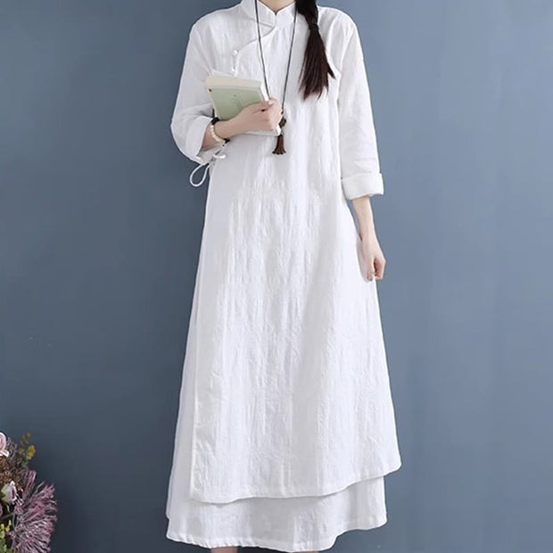 Buddha Stones Spring Casual Plain Frog-Button Design Side Lace-Up Cotton Linen Maxi Dress
