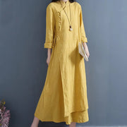 Buddha Stones Spring Casual Plain Frog-Button Design Side Lace-Up Cotton Linen Maxi Dress