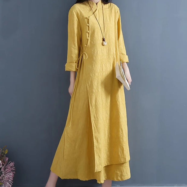 Buddha Stones Spring Casual Plain Frog-Button Design Side Lace-Up Cotton Linen Maxi Dress
