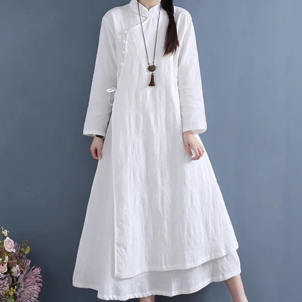 Buddha Stones Spring Casual Plain Frog-Button Design Side Lace-Up Cotton Linen Maxi Dress