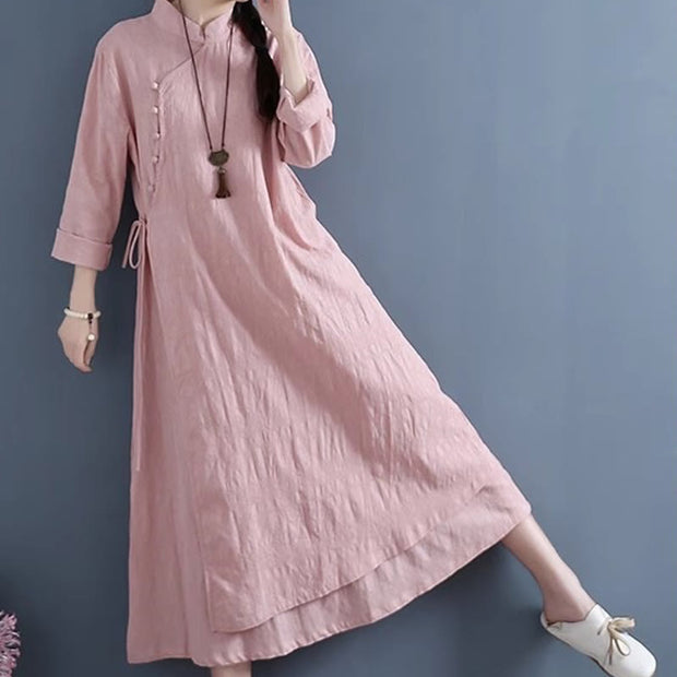 Buddha Stones Spring Casual Plain Frog-Button Design Side Lace-Up Cotton Linen Maxi Dress
