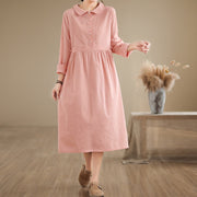 Buddha Stones Spring Vintage Casual Plain Lapel Long Sleeve Cotton Linen Midi Dress