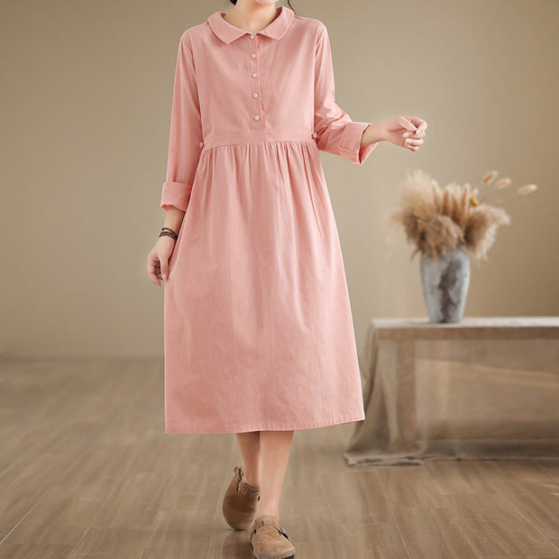 Buddha Stones Spring Vintage Casual Plain Lapel Long Sleeve Cotton Linen Midi Dress
