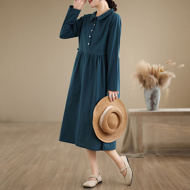Buddha Stones Spring Vintage Casual Plain Lapel Long Sleeve Cotton Linen Midi Dress