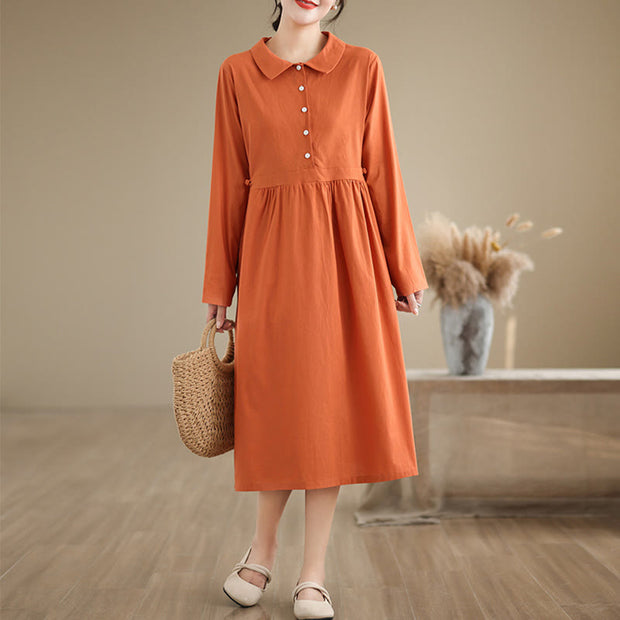 Buddha Stones Spring Vintage Casual Plain Lapel Long Sleeve Cotton Linen Midi Dress