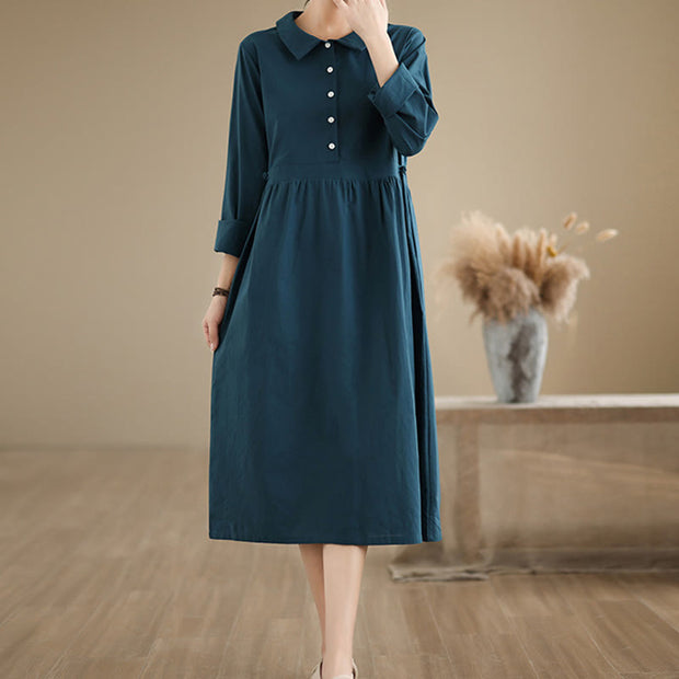 Buddha Stones Spring Vintage Casual Plain Lapel Long Sleeve Cotton Linen Midi Dress
