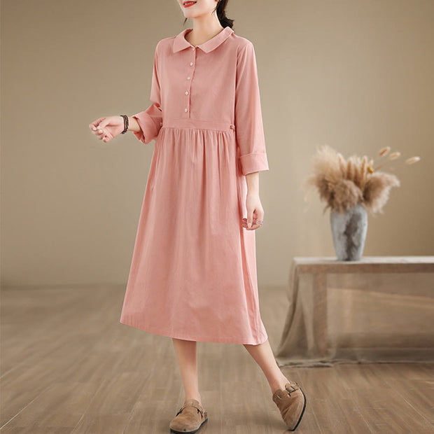 Buddha Stones Spring Vintage Casual Plain Lapel Long Sleeve Cotton Linen Midi Dress