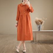 Buddha Stones Spring Vintage Casual Plain Lapel Long Sleeve Cotton Linen Midi Dress