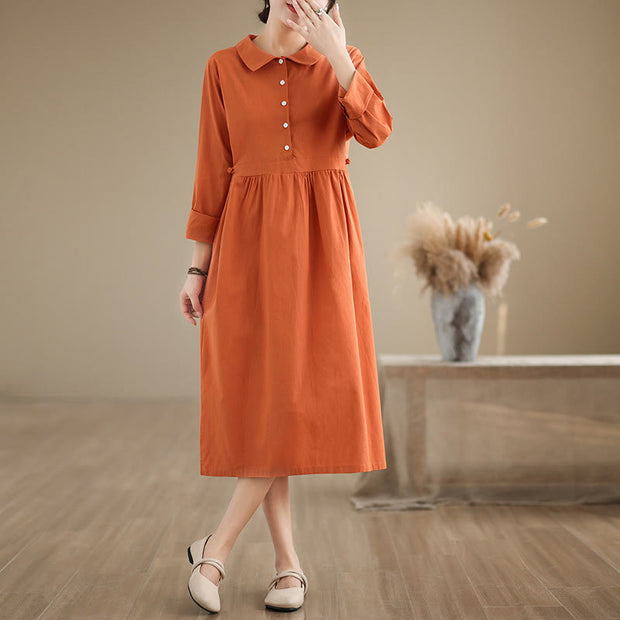 Buddha Stones Spring Vintage Casual Plain Lapel Long Sleeve Cotton Linen Midi Dress