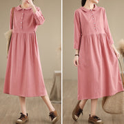 Buddha Stones Spring Vintage Casual Plain Lapel Long Sleeve Cotton Linen Midi Dress