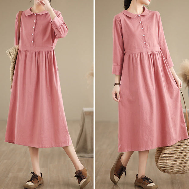 Buddha Stones Spring Vintage Casual Plain Lapel Long Sleeve Cotton Linen Midi Dress
