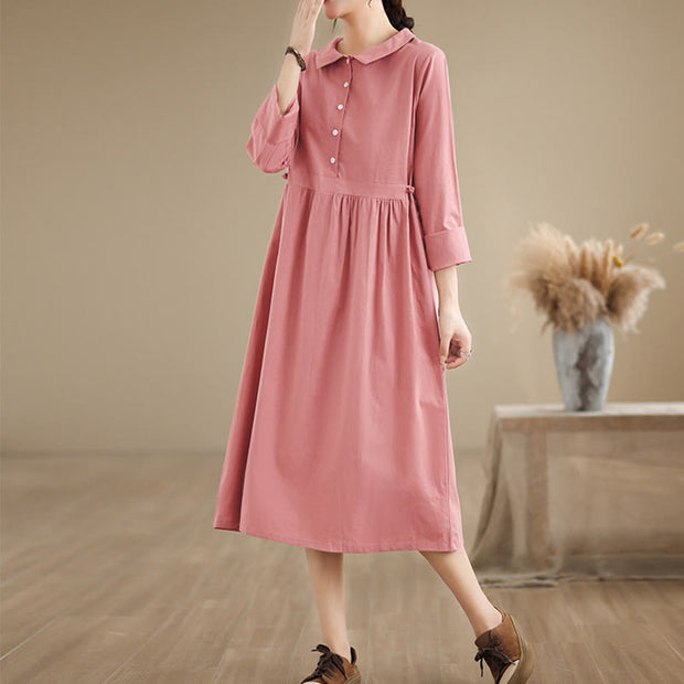 Buddha Stones Spring Vintage Casual Plain Lapel Long Sleeve Cotton Linen Midi Dress