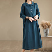 Buddha Stones Spring Vintage Casual Plain Lapel Long Sleeve Cotton Linen Midi Dress