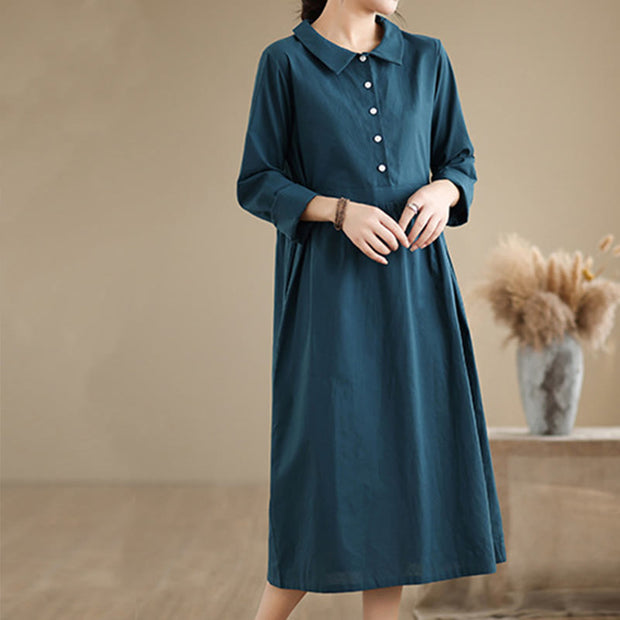 Buddha Stones Spring Vintage Casual Plain Lapel Long Sleeve Cotton Linen Midi Dress
