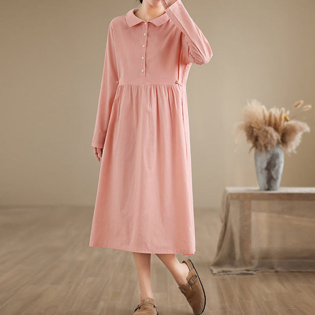 Buddha Stones Spring Vintage Casual Plain Lapel Long Sleeve Cotton Linen Midi Dress