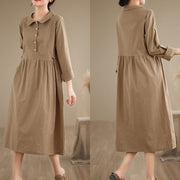 Buddha Stones Spring Vintage Casual Plain Lapel Long Sleeve Cotton Linen Midi Dress