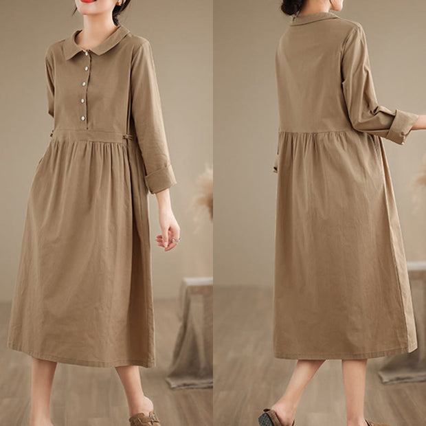 Buddha Stones Spring Vintage Casual Plain Lapel Long Sleeve Cotton Linen Midi Dress